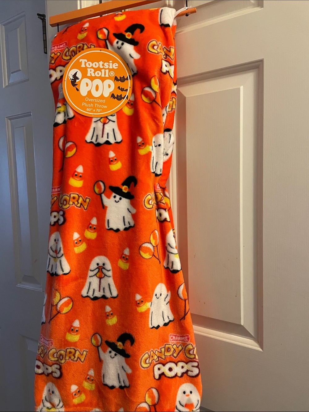 Tootsie Roll Pop Halloween Plush Throw - Orange Ghost Candy Corn Print